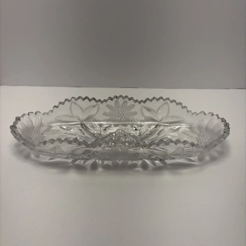 American Brilliant‎ Cut Vintage Beautiful Glass Celery Relish Dish Sawtooth Rim